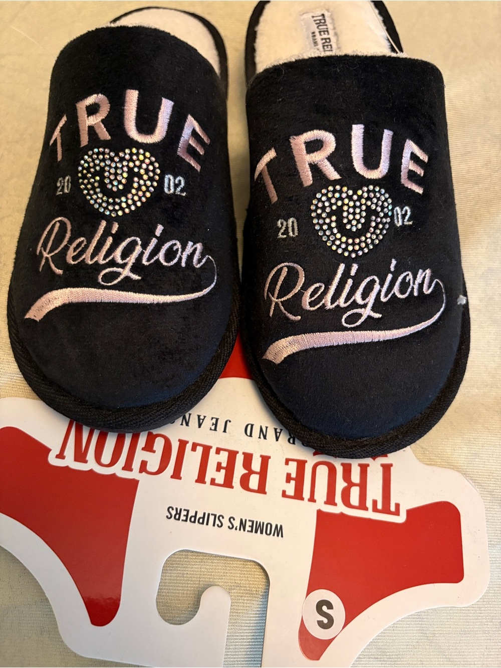 True Religion Black Slippers with Pink Embroidery and Rhinestones